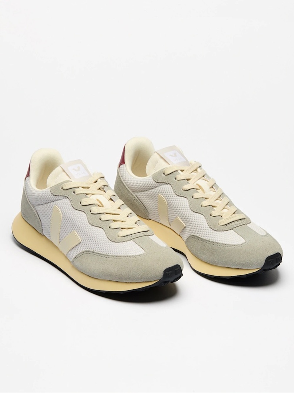 Veja Rio Branco II Sneakers in White, Cream & Grey with Burgundy Heel - Picture 2 of 4